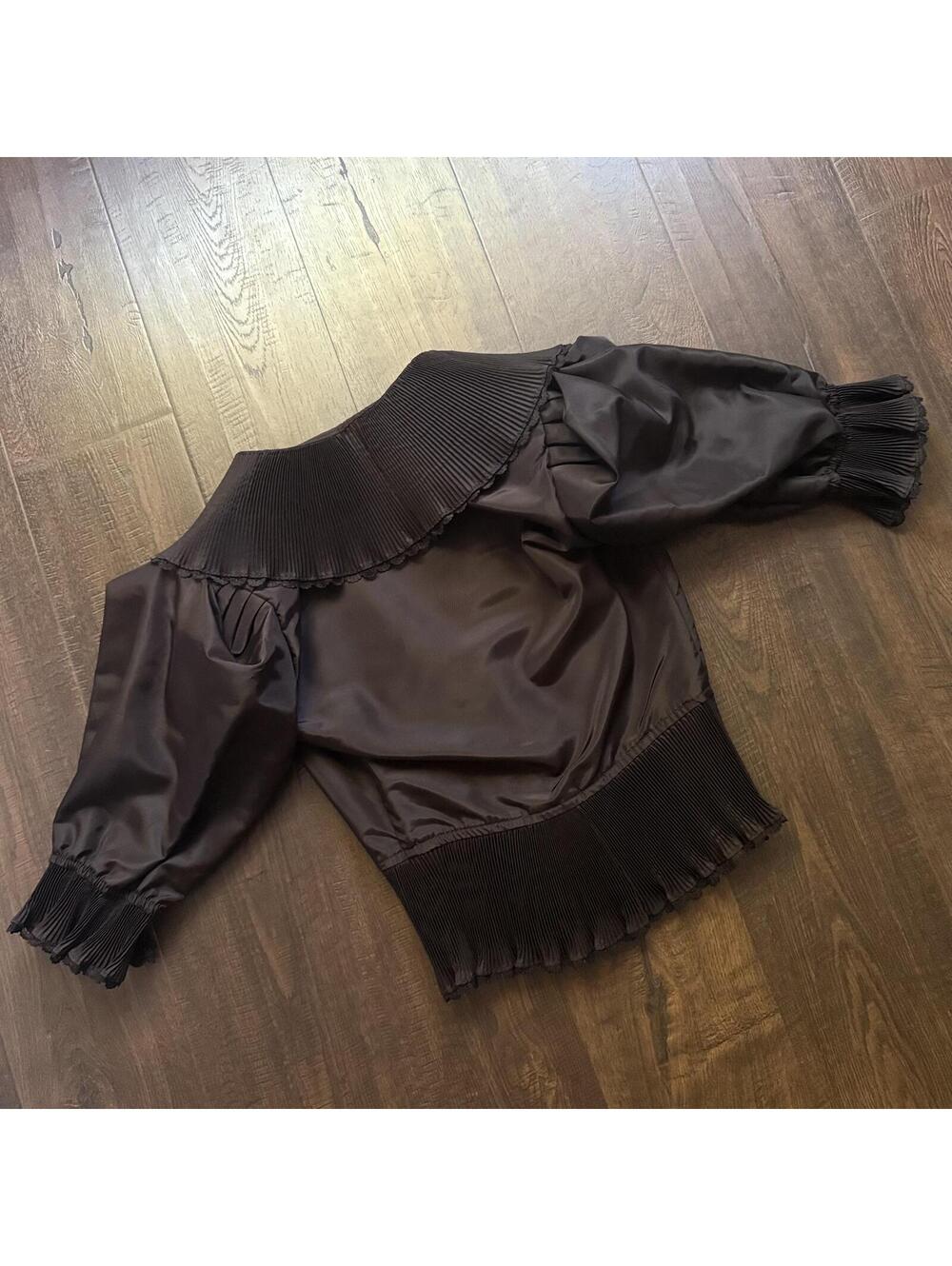 Victorian Inspired VTG 80s Top Brown Ruffled Puff Sleeve Satin Blouse XS/S - Picture 3 of 4